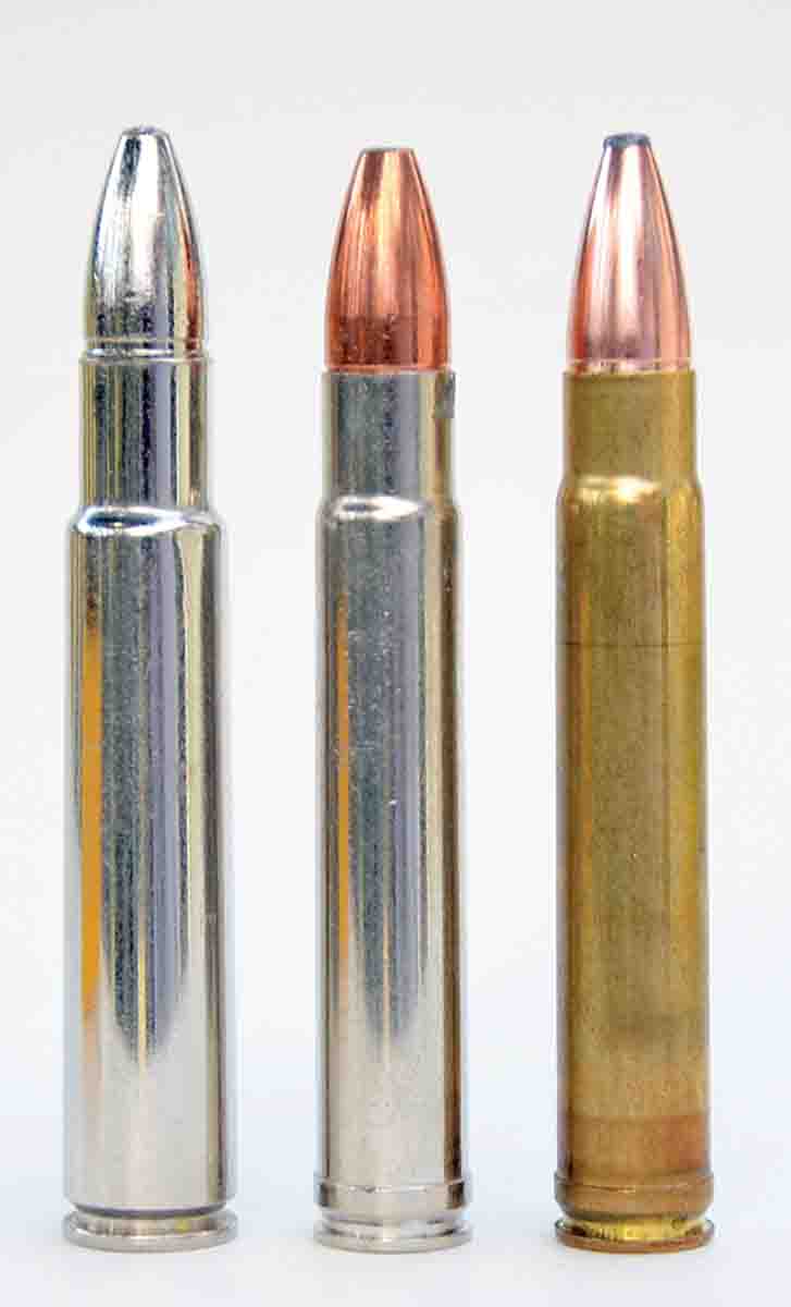 The .416 Remington Magnum (center) can be fired in a .416 Hoffman (right) chamber but not conversely. Due to greater case capacity, the .416 Rigby (left) operates at lower chamber pressures, making it a bit more desirable for use in tropical climates.